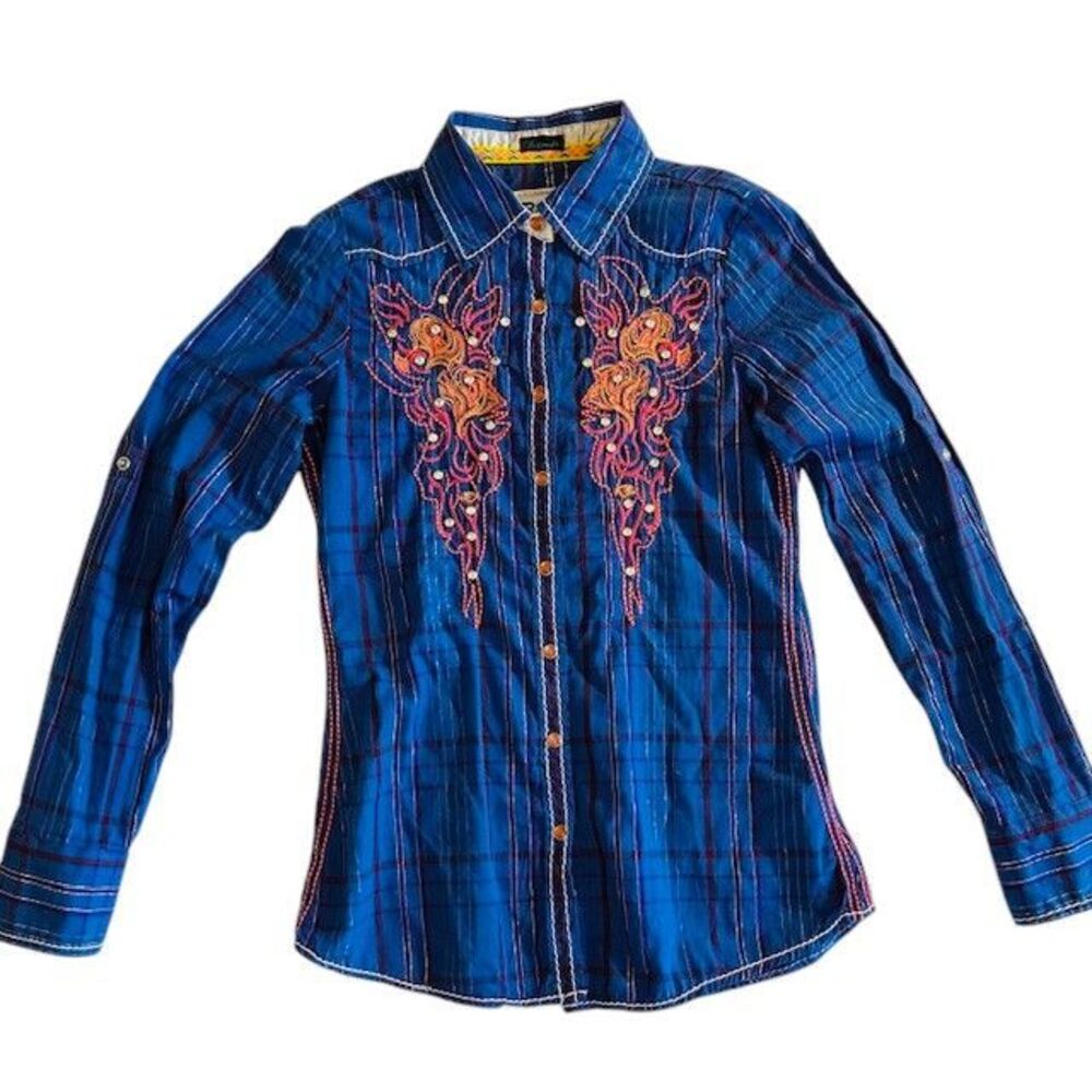 Roar Embroidered Western Plaid Shirt Orange Rhinestone Embellished Button Up Med - Picture 4 of 15